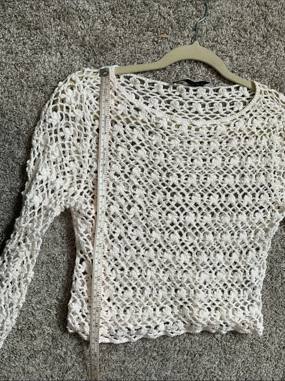 Zara White Crochet Open-Weave Long Sleeve Crop Top